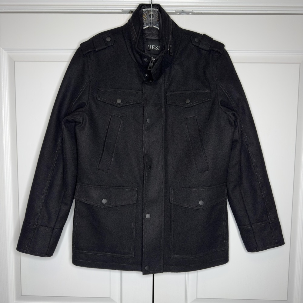 Guess Military Jacket Mens Small Black Wool Blend Insulated Pockets 115AB688